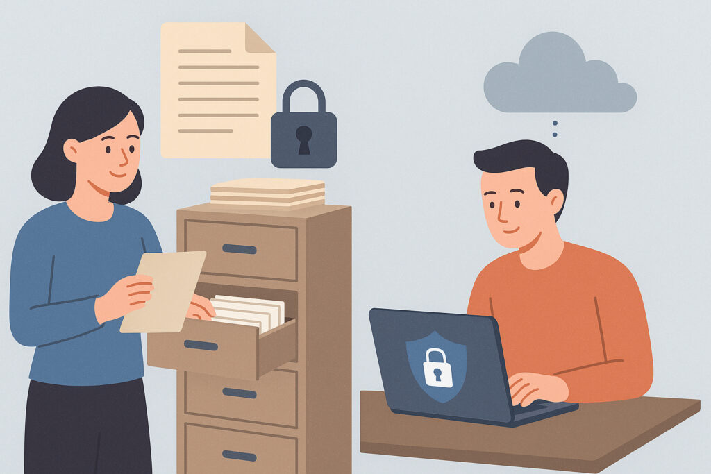 Kuinka säilyttää asiakirjoja turvallisesti (paperi vs. sähköinen)?